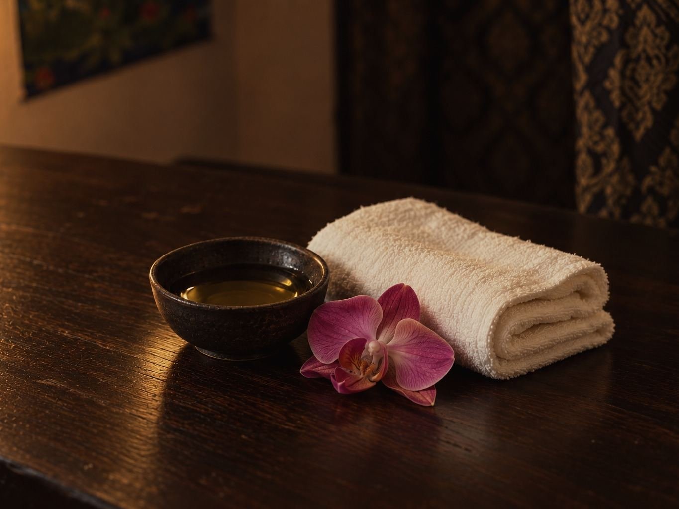 Schale mit Massageöl, gefaltetes Handtuch und eine pinke Orchidee auf dunklem Holz im Studio