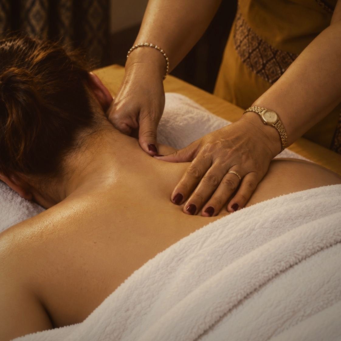Massage von Nacken und Schultern: die Hände der Masseurin im senfgelben Kleid auf dem Rücken einer Kundin, die unter einem weißen Handtuch liegt